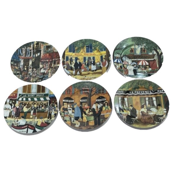 Complete Set of 6 GUY BUFFET Marche Aux Fleurs Dinner Plates French Cafe Scenes - Picture 13 of 14